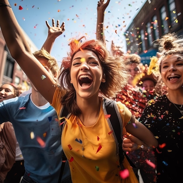 Photo ecstatic multiethnic group of people celebrating with confetti