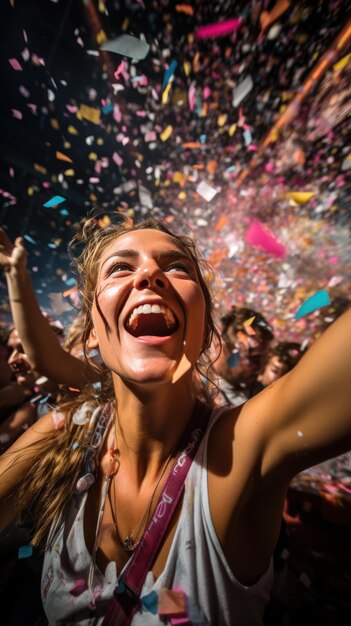 Foto partecipanti in estasi inondati di confetti