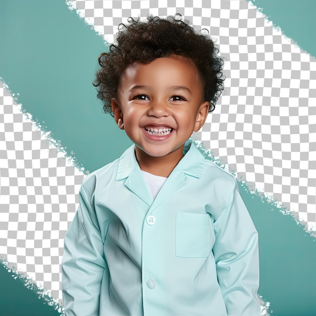 Восторженный мальчик-дошкольник с волнистыми волосами афроамериканского происхождения, одетый в одежду косметолога, позирует в стиле "Стоя с наклоненными бедрами" на пастельно-бирюзовом фоне.