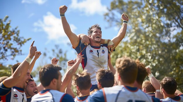 Ecstatic rugby players lifting their teammate into the air in celebration of their victory