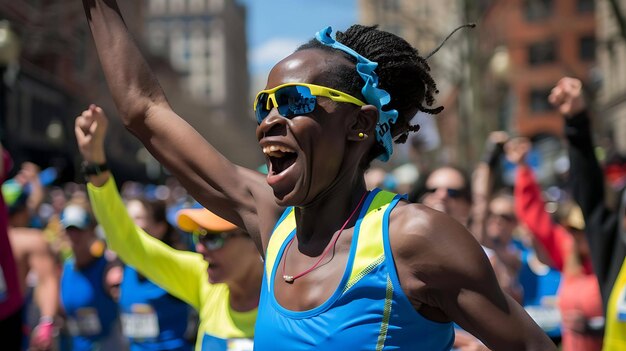 Ecstatic runner celebrates her victory in a marathon