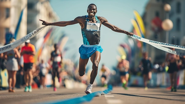 Ecstatic runner crosses the finish line celebrating his victory with arms raised capturing the crowds attention and inspiring fellow competitors