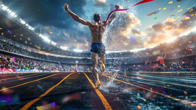 Ecstatic runner soars across the finish line arms raised in triumph