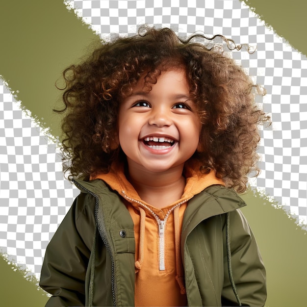 A Ecstatic Toddler woman with Curly Hair from the Mongolic ethnicity dressed in Geographer attire poses in a Tilted Head with a Grin style against a Pastel Green background