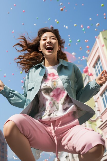 Foto estatica giovane donna asiatica che salta in aria con gioia