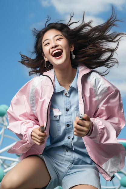 Ecstatic young Asian woman jumping in the air