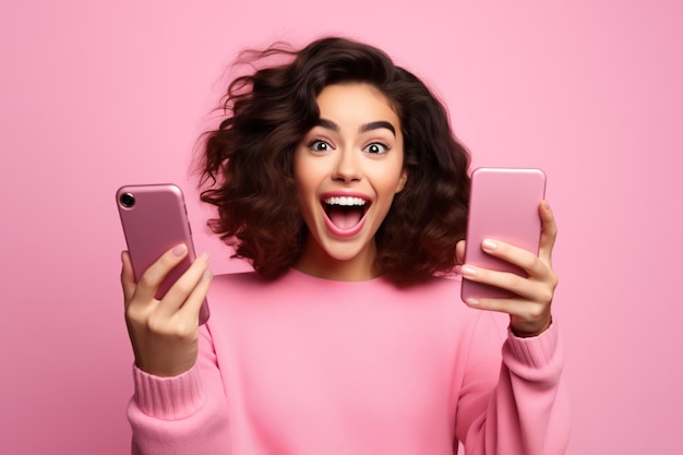 Экстатичная молодая брюнетка с воодушевлением держит два розовых смартфона.