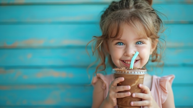 コピースペースポジティブリビングジェネレーティブAIでコーヒーを飲む恍惚とした幼い子供