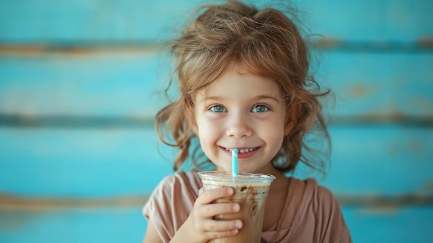 コピースペースポジティブリビングジェネレーティブAIでコーヒーを飲む恍惚とした幼い子供