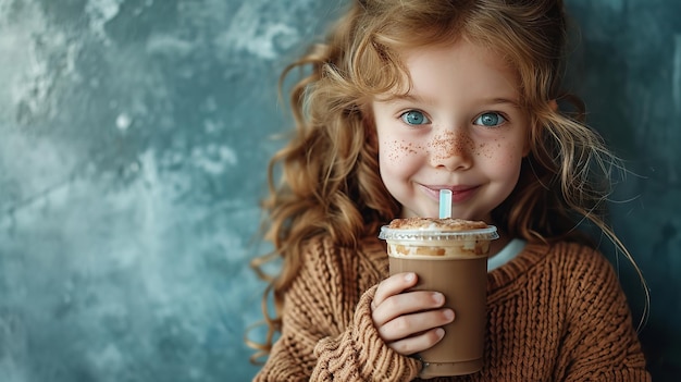 복사 공간 긍정적인 생활과 함께 커피를 마시는 황홀한 어린 아이 제너레이티브 AI