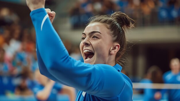 Ecstatic young female athlete celebrates her victory with a raised fist and a joyful expression