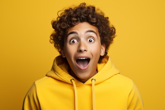 Photo ecstatic young man celebrating unbelievable prices with joyful smile closeup shot