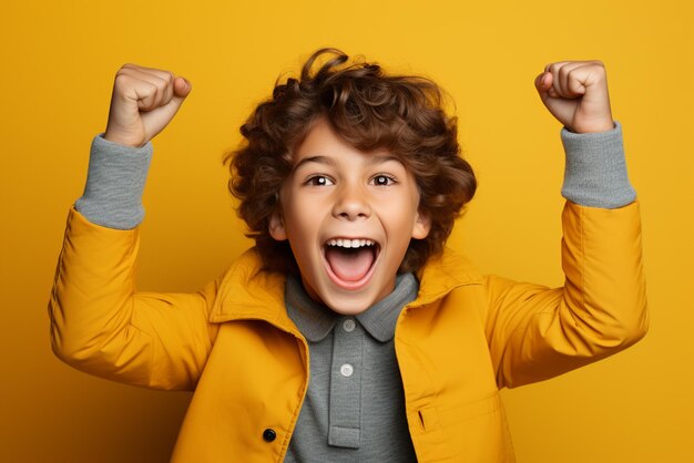 Photo ecstatic young man celebrating unbelievable prices with joyful smile closeup shot