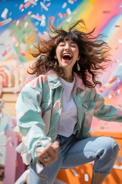 写真 紙吹雪で祝う恍惚とした若い女性