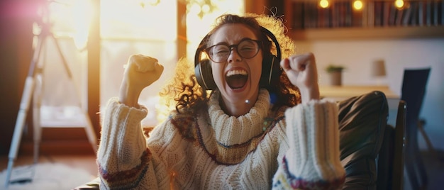 Ecstatic young woman celebrating with headphones on embraced by warm home ambiance