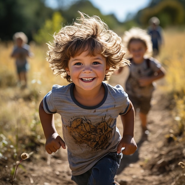 Ecstatic Youngsters Dashing Through the Field