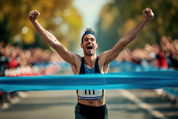 Foto ecstatische mannelijke marathonwinnaar breekt de finishband met een juichende menigte op de achtergrond