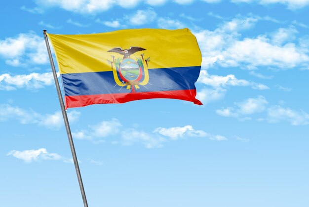 ecuador 3D waving flag on a sky blue with cloud background image