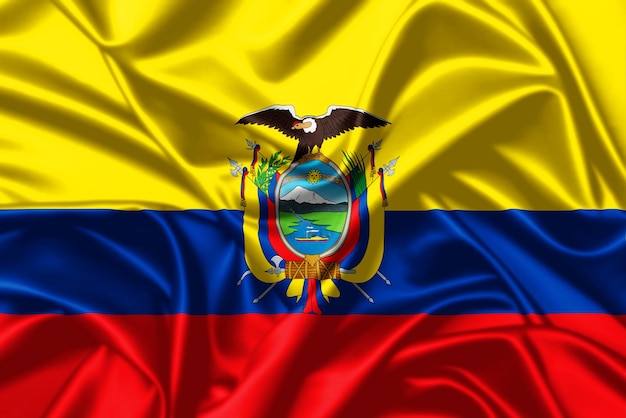 Foto bandiera dell'ecuador sventolata da vicino sullo sfondo satinato