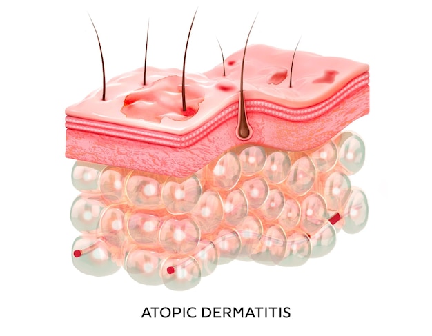 Eczema d illustratie van de dwarsdoorsnede van huidlagen met atopische dermatitis beschadigde huid