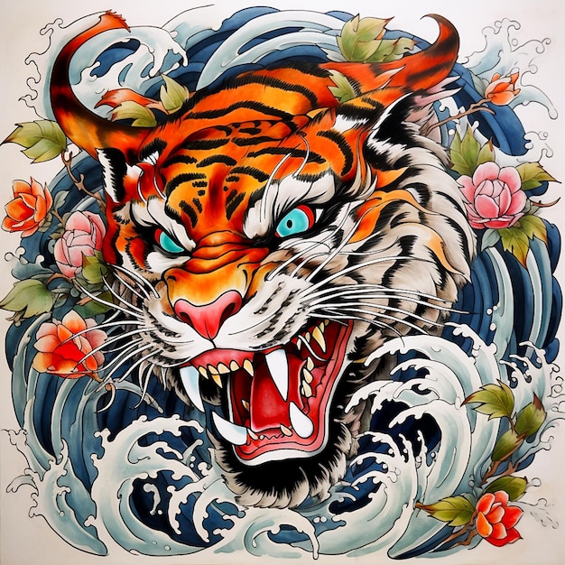 Ed hardy tiger asian themed old school tattoo design for tshirt mug case