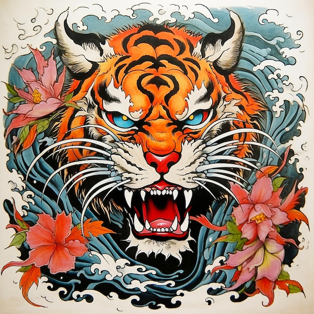 Foto ed hardy tiger, disegno del tatuaggio della vecchia scuola a tema asiatico, per la custodia della tazza della maglietta