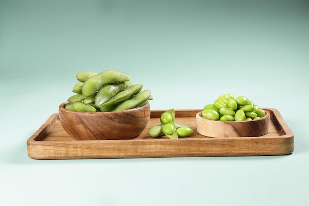 Edamame or boiled green soybeans with himalayan salt