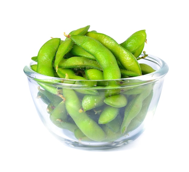 Edamame soy beans shelled in glass bowl