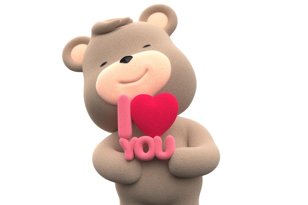 Медвежонок Эдди держит фразу «Я тебя люблю» на английском языке, пишущую 3D Render