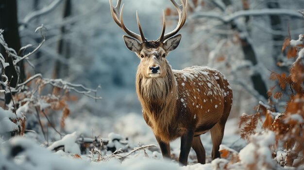 Edel hert mannetje in de winter sneeuw bos foto generatieve ai