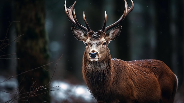 Edele herten man in wintersneeuwbos Wilde edelherten in de natuur bij zonsondergang Berglandschap dieren in het wild