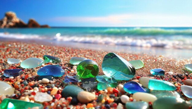 edelstenen en zeeglas glinsteren op het zandstrand en tonen de verborgen schatten van de natuur aan de kust.