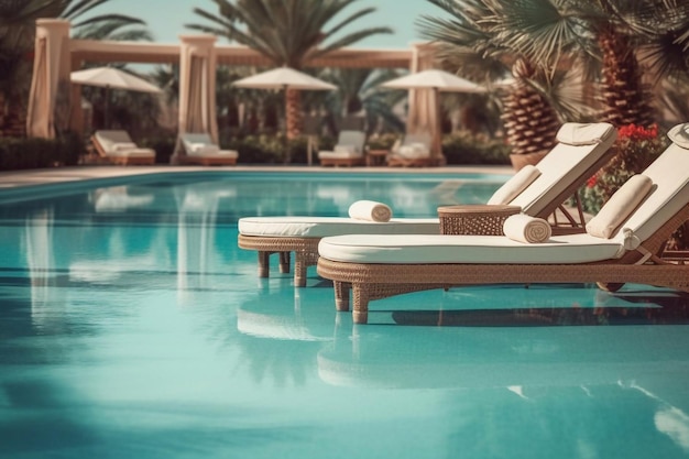 The edge Luxury swimming pool with white fashion deckchairs on the beach Exterior design Generative AI