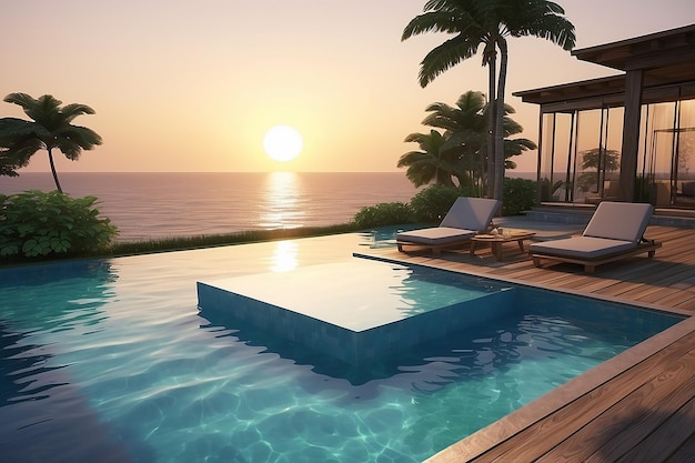 The edge of a pool by sunset 3D Rendering