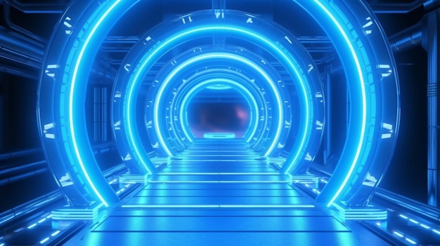 Edgy and futuristic blue neon tunnel with circle arch and light