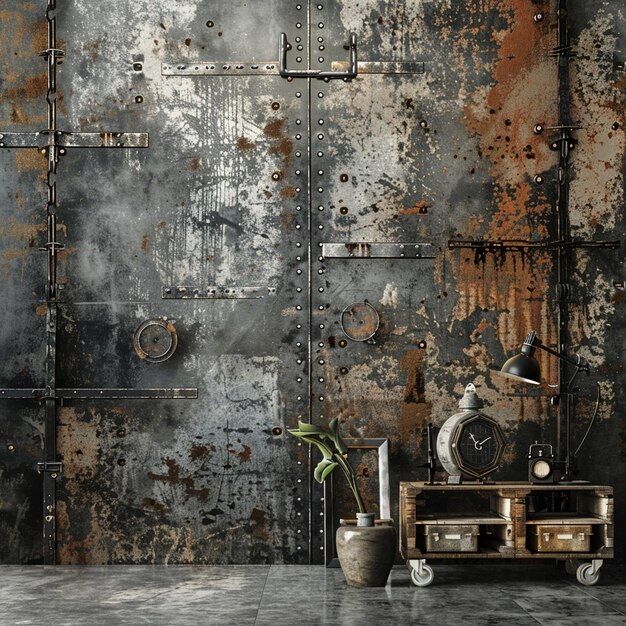 Photo edgy grunge industrial room with metal door and plant background