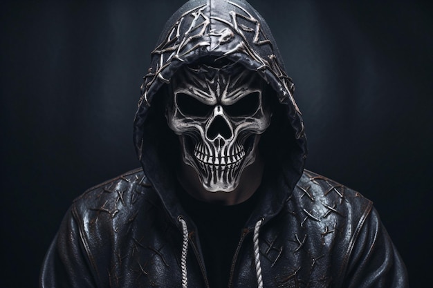 두개골 마스크가 있는 가죽 재킷을 입은 초초하고 신비한 아라페드 남자 Generative AI Enhanced Stock Image