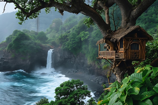 Edgy Tree House Near a Waterfall