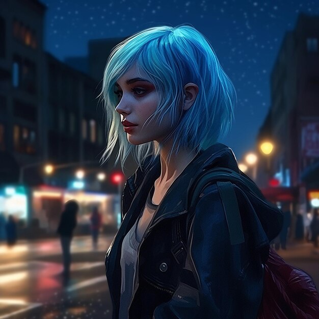 edgy woman walking in the night city with blue hair Generative AI