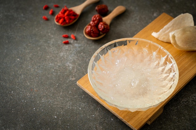 Edible bird's nest soup in glass bowl