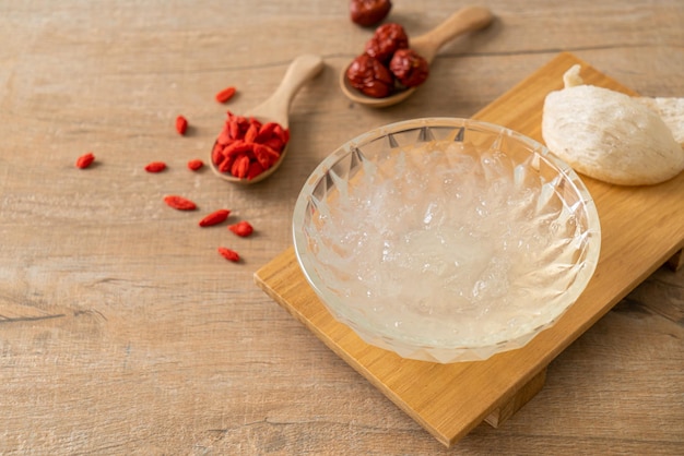 Edible bird's nest soup in glass bowl