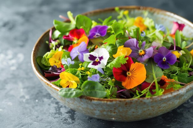 写真 サラダ 鉢 の 中 に ある 食用 の 花