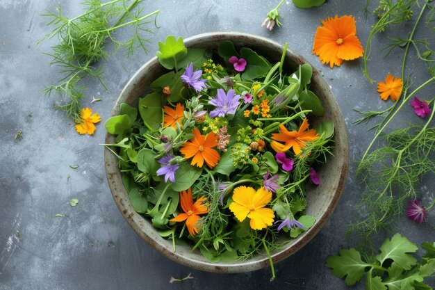 灰色の背景の陶器の鉢に食べられる花のサラダ