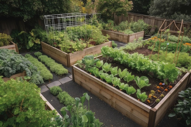 줄지어 늘어선 신선한 농산물과 허브가 보이는 식용 정원