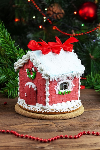 Photo edible handmade gingerbread house and christmas tree