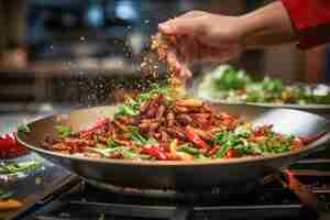 Photo edible insects and vegetables stir fry dish in frying pan on a stove