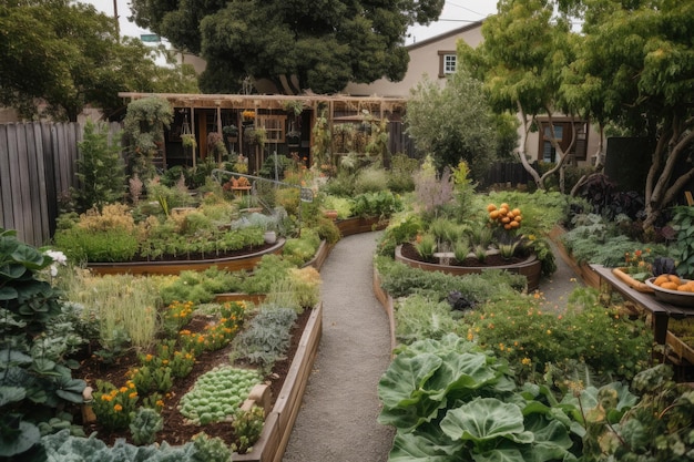 生成 AI で作成された果物や野菜の庭のハーブと花粉媒介者がいる食用の風景
