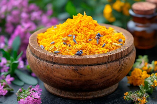 Edible Marigold Petals with Lavender in Bowl