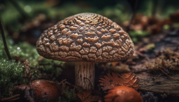 Edible mushroom growth in uncultivated forest meadow generated by AI