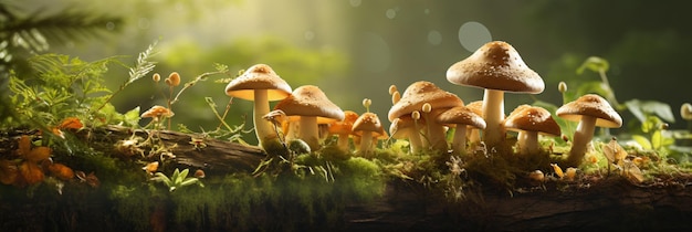 Edible mushrooms in a forest on green background